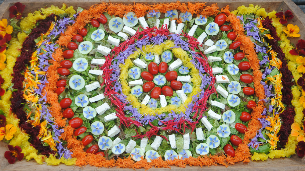 Colorful vegetable pieces and small flowers arranged in concentric circles
