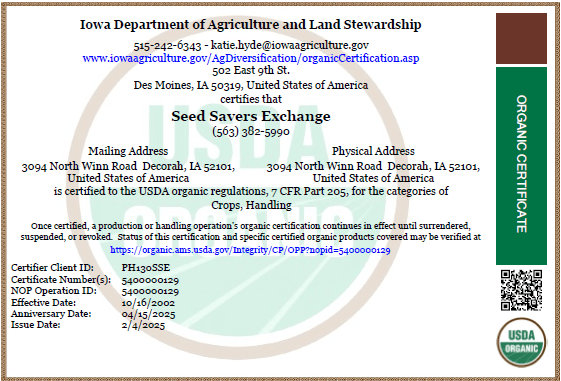 Iowa Department of Agriculture and Land Stewardship Seed Savers Exchange Organic Certificate