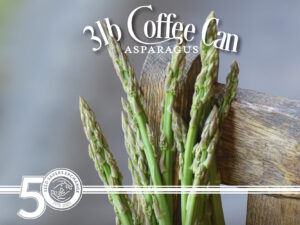 Several stalks of asparagus leaning against a wooden chair with white text overlay and the SSE 50th anniversary logo