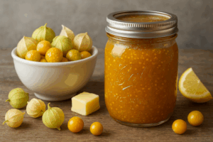 A bowl of yellow ground cherries and a jar of yellow ground cherry jam