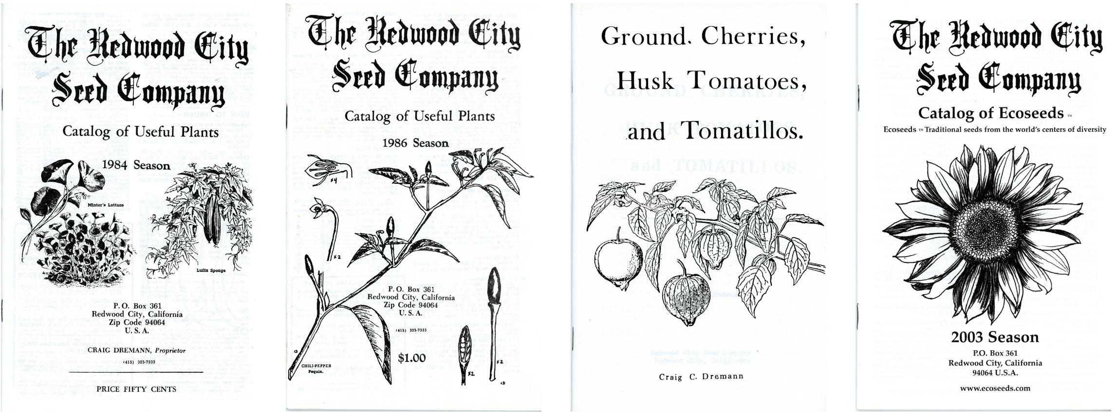 Four black and white seed catalog covers from the Redwood City Seed Company, with simple line drawings of various plants.