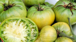 Whole green tomatoes and two green tomato slices