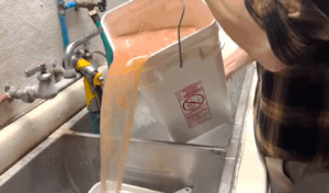 A person pouring a mixture of water, tomato pulp, and seeds into a bucket
