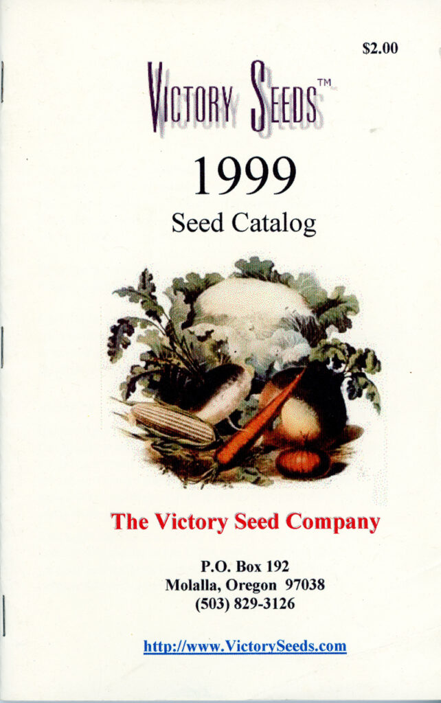 The cover of a 1999 seed catalog for Victory Seeds, light tan with a colorful illustration of vegetables
