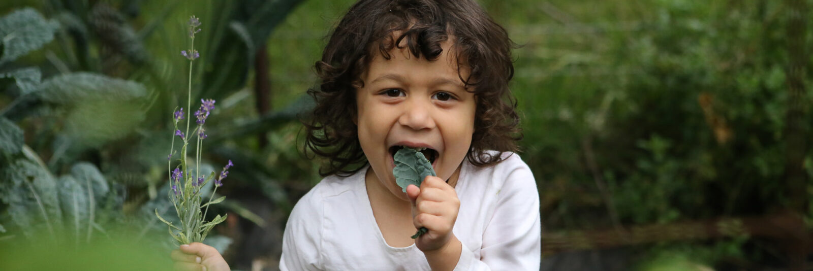 Young girl joyfully eating kale.