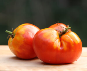 Two large red 'Italian Heirloom' tomatoes with splashes of yellow