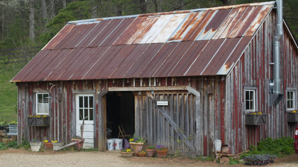 A wooden garden shed with a sloped roof, surrounded by potted flowers