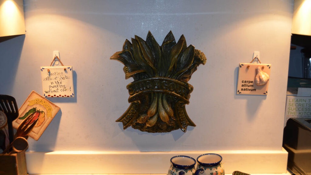 A large metal garlic plaque, a sign saying "Cooking without garlic is like painting without color", and a sign saying "Carpe allium sativum" hanging on a wall above a countertop