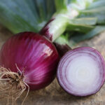 A red onion with the stem attached and a half of a red onion on a table