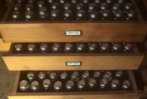 Several open drawers filled with rows of glass jars.