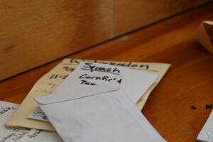 A stack of several paper packets on a table. Two have visible labels, one with squash and another with watermelon.