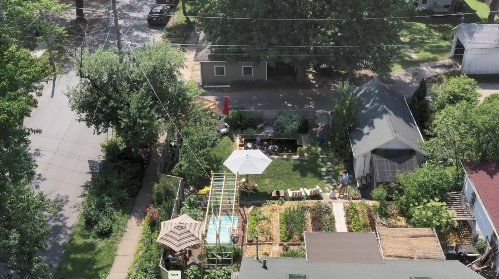 An aerial view of a backyard on a street corner, with garden beds, umbrellas, sheds, and a pond next to a house