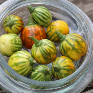 A glass jar of small, round, green, yellow and red striped fruits