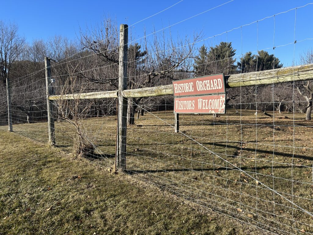 A tall wooden and wire fence with a red sign saying "Historic Orchard, Visitors Welcome" surrounds an orchard of trees.