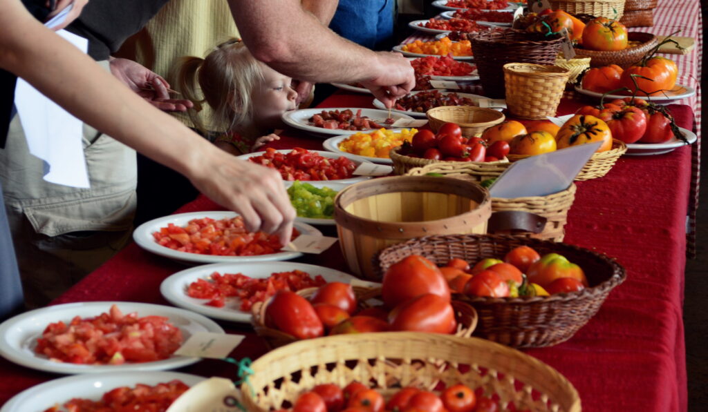 Hands reaching for bites of tomato.