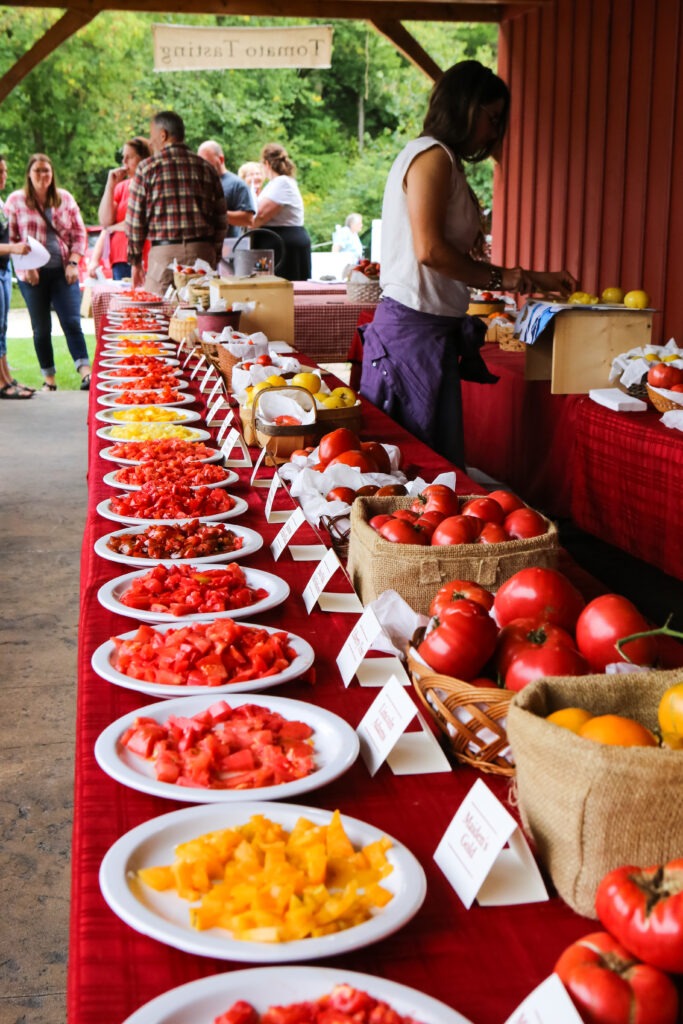 A table set up with plates of chopped up tomatoes.