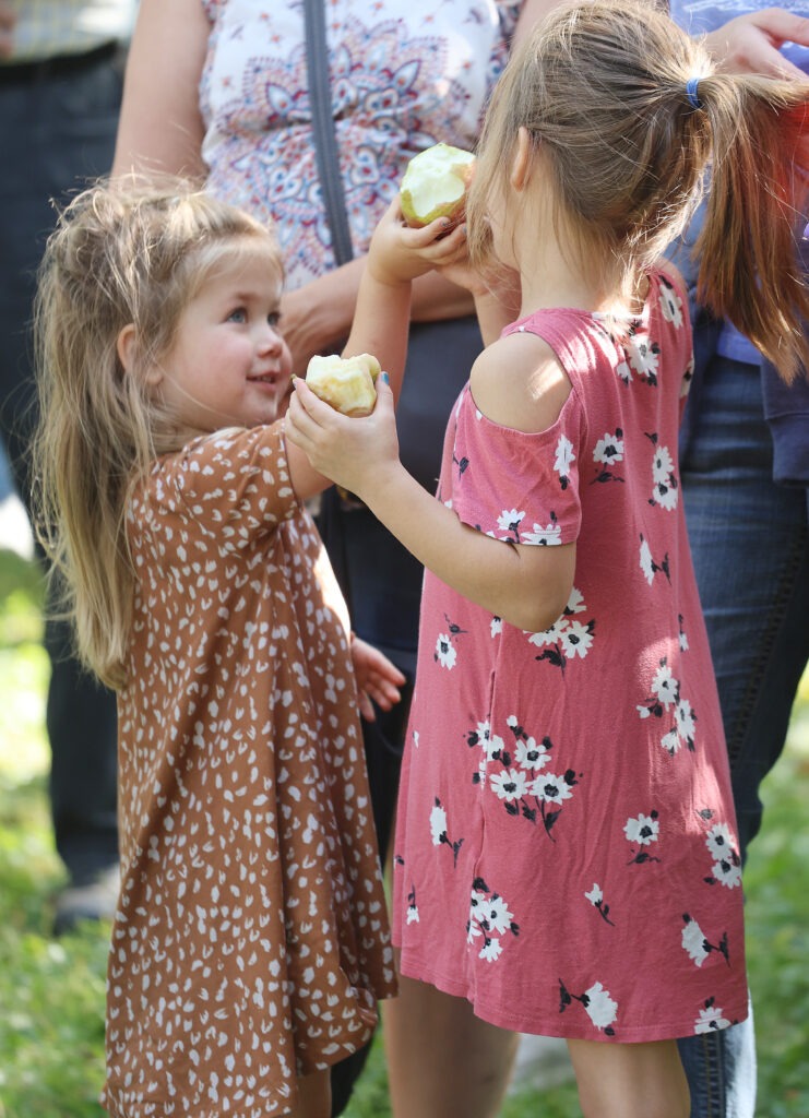 Two small children share apples.