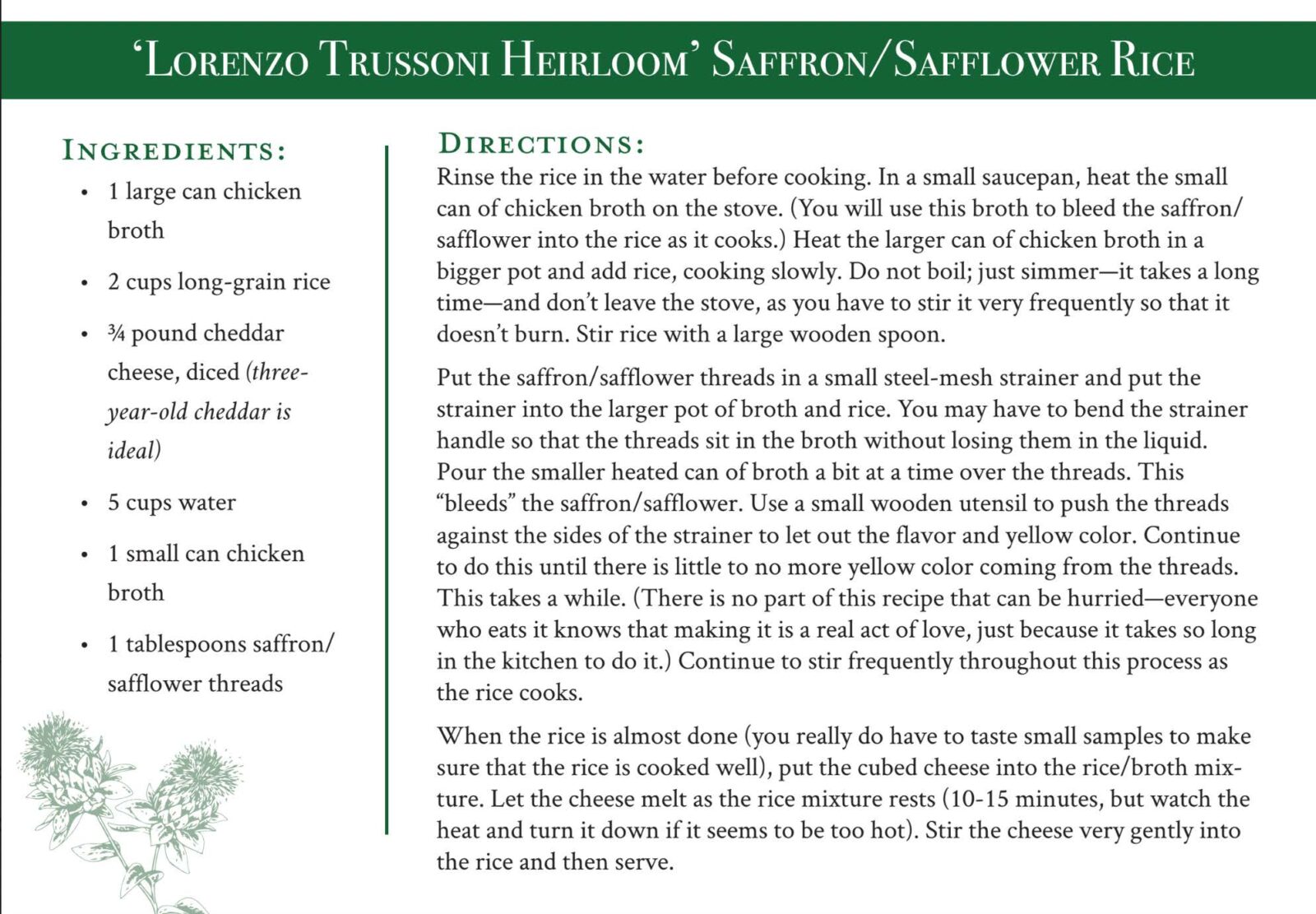 Recipe for 'Lorenzo Trussoni Heirloom' Saffron/Safflower Rice.