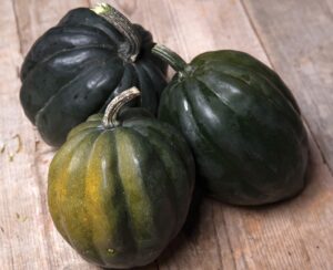 Three small dark green and round squash resting on a wood surface