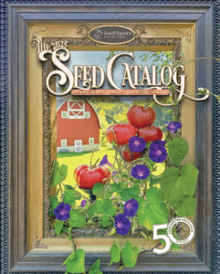 Cover of the Seed Savers Exchange Catalog with tomatoes, purple flowers, and a red barn inside a picture frame