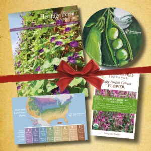 group shot of (clockwise from left) a magazine cover featuring morning glories, a circular membership sticker featuring a pea drawing, a packet of 'Ruby Parfait' celosia seeds, and a USDA hardiness zone map