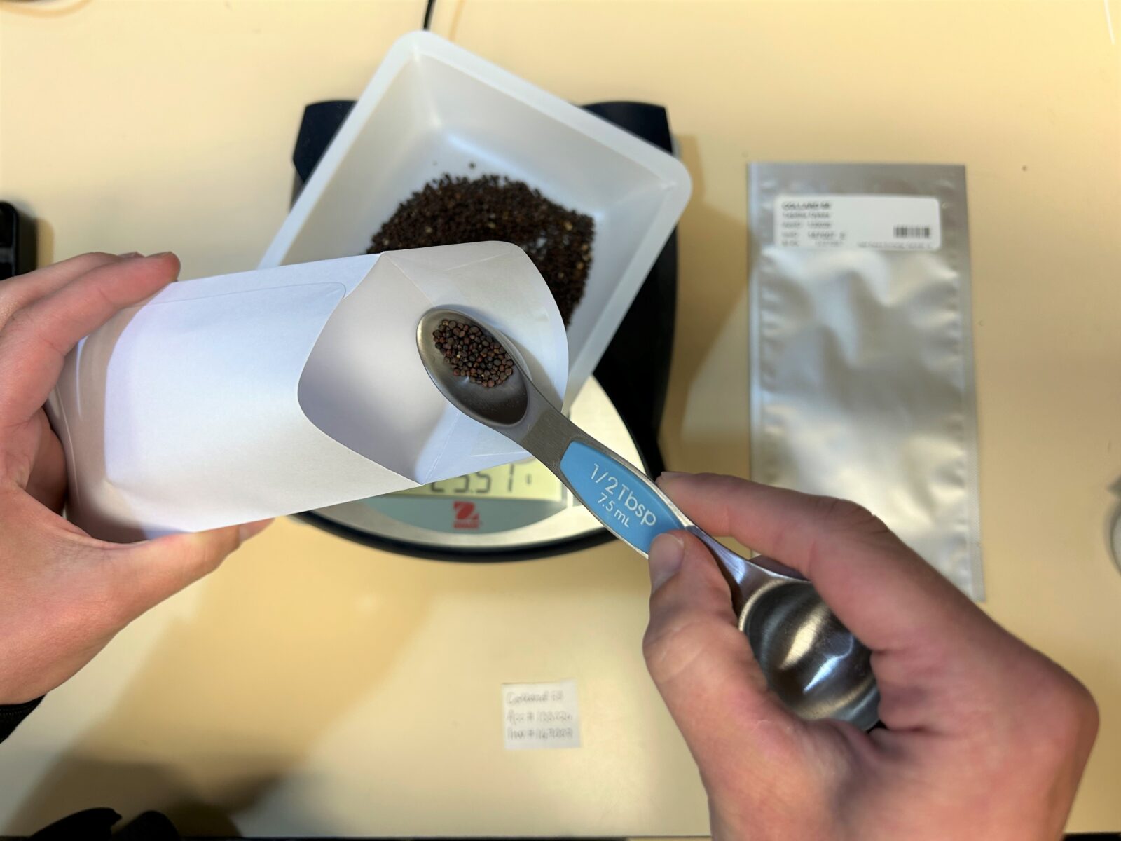 Hands putting a small spoonful of seeds from a tray on a scale into a white envelope