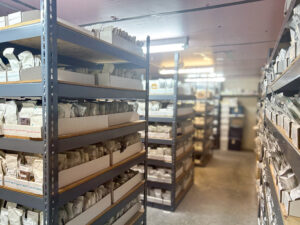 Rows of large metal shelves full of boxes with many seed packets