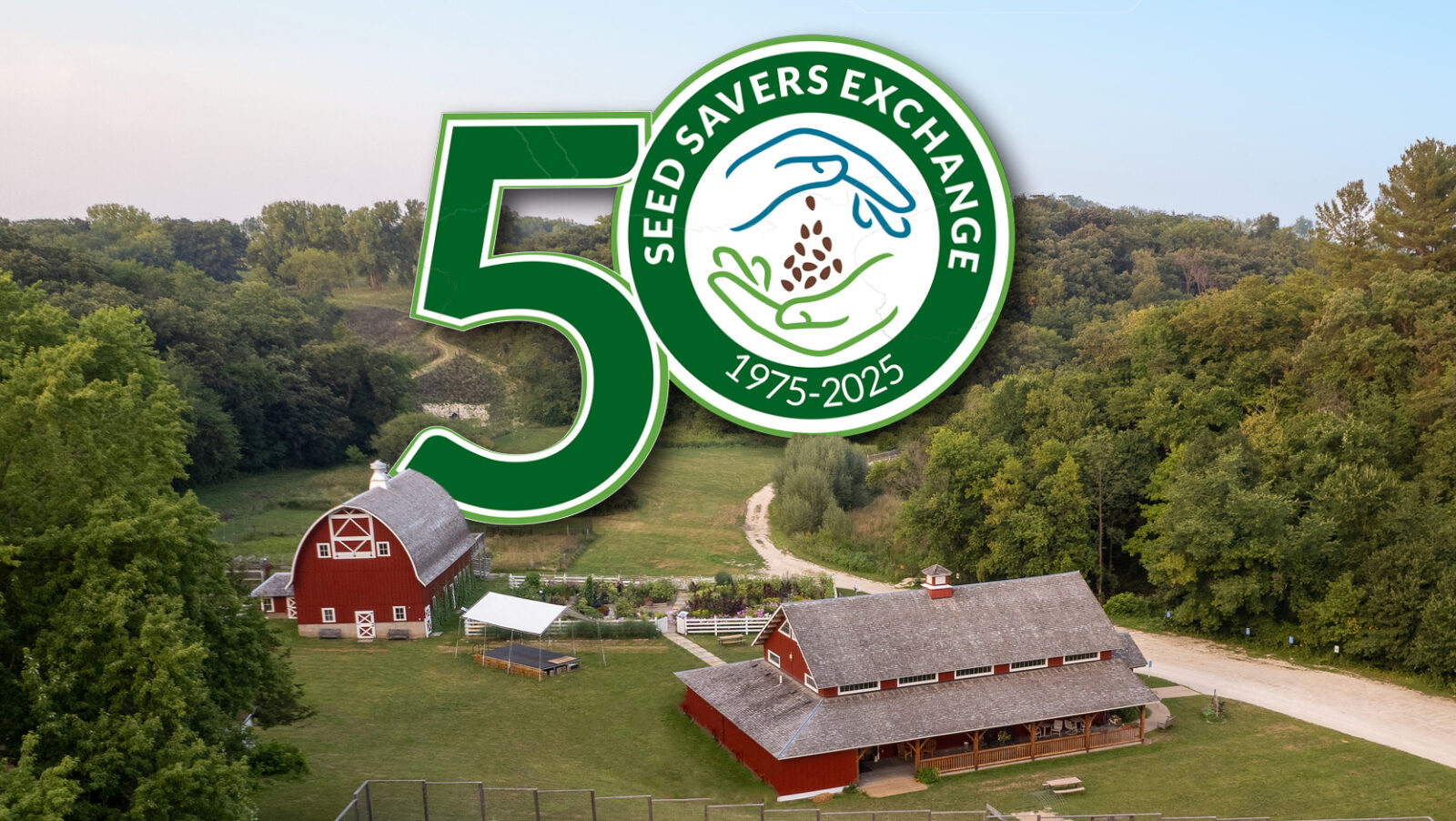 Seed Savers Exchange's 50th anniversary logo over a drone photo of Heritage Farm.